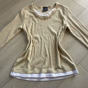 JasonMaxwell Tan and White Fitted Embellished Blouse